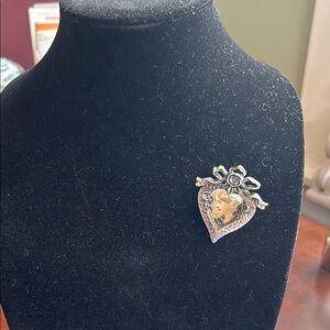 Intricate Silver Heart Brooch or pendant with ribbons and roses silver tone